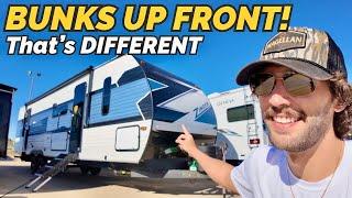 Not many travel trailer RVs do this! HUGE bunk beds in this 2025 CrossRoads Zinger 320FB