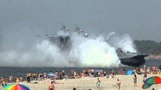 Russian navy military hovercraft ploughs into crowded beach - Russian epic FAIL