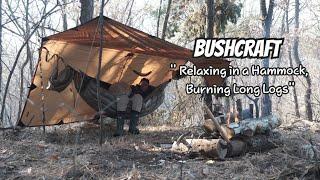 BUSHCRAFT TRIP, HammockCamp, Burning Long Logs,winter,cook with BUSHLAB,hammocktarp,bushcraftshelter