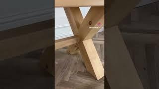 Beautiful pine X frame table and bench in our Natural Oak finish