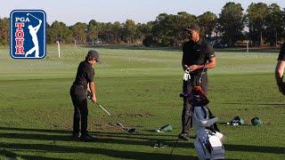 Tiger and Charlie Woods’ range session before the Pro-Am at PNC Championship