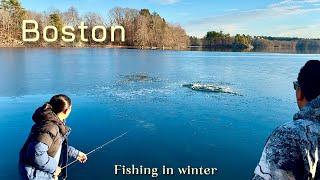 First experience of ice fishing in Boston, USA. Winter sucks. Vlog-3