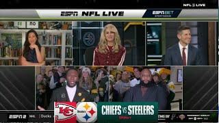 NFL LIVE | ESPN crew prediction Chiefs vs. Steelers on Christmas: Patrick Mahomes or Russell Wilson?