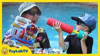 Spiderman & Superheroes Outdoor Water Toys Unboxing & Review with Aaron & LB in Fun Kids Video