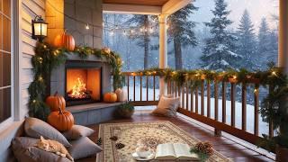 Cozy Winter Porch with Crackling Fireplace & Relaxing Snowfall Ambience ️