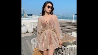 Attractive 3 in 1 Plus Size Push Up Halter Neck Long Sleeved Gauze Swimming Wear Bikini