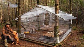 Building a Woodland Cabin with Plastic Wrap | Wood Stove | Survival Project | Bushcraft Shelter