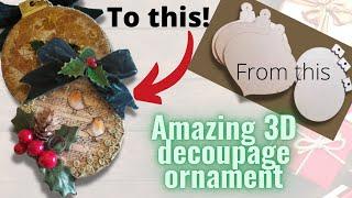 Easy to make DIY Christmas Ornament.  Decoupage, metal flake and 3D  air-dry clay tutorial.