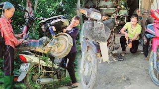 The girl specializes in repairing badly damaged motorbikes.- repair girl