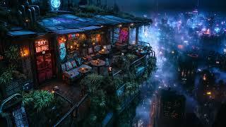   Sky Lounge Cafe: Reflections Over the Electric Cityscape | Rain and Ambient Music | 4K | 10 hours