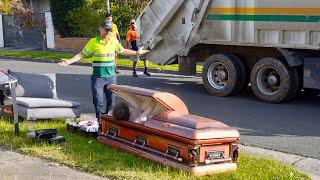 Hiding in a coffin until garbage men pick it up