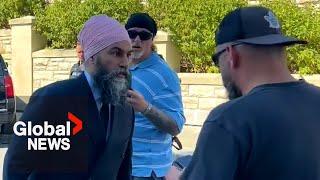 "Got something to say?": NDP's Jagmeet Singh confronts heckling protesters outside Parliament