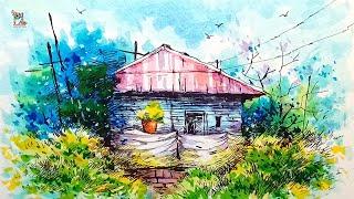 Wooden House Painting in Village Landscape Art