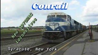 Conrail  westbound train with two New SD70MAC's at Syracuse, NY. 7-10-98. Time 1:30pm.