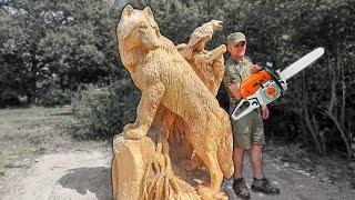 LOUP EN BOIS TAILLE RÉELLE, étonnante sculpture sur bois à la tronçonneuse | Vlad Carving