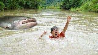 FULL VIDEO: The boy was in danger when catching a huge school of fish during the flood season