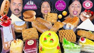 MIO AMORE VS MONGINIS VS KREAMZ EATING CHALLENGE WITH PUNISHMENT BURGER, HOT DOG, PASTRY MUKBANG