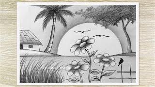 How to Draw a Sunset Scenery with Pencil Sketch, Easy Pencil Drawing for Beginners