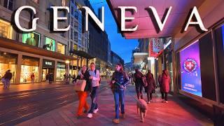 SWITZERLAND GENEVA  Currently Evening walk in metropolitan City Center / Luxury Shopping Streets 4K