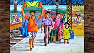 Railway station scenery drawing step by step/Railway station drawing oil pastels