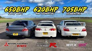 AWD LEGENDS..705HP IMPREZA vs 620HP AWD INTEGRA vs 650HP EVO 8