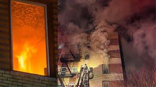 **FIRE on ALL FLOORS** FDNY BATTLES Major BRONX 4-Alarm Fire on Flr 1-6 & Thru the Roof [ Box 3195 ]