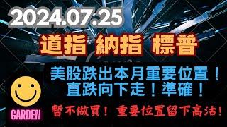 交易策略：道指 納指 標普S&P 美股3大指數跌出本月重要位置！直跌向下走！準確！後市點睇？美股煙花放完？暫不做買！重要位置留下高沽！2024.07.25 Dow Analysis