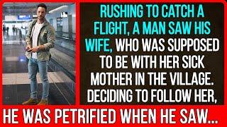 Rushing to catch a flight, a man saw his wife, who was supposed to be with her sick mother...