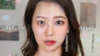 Korean Style Coral Makeup | Square chin, dark circles, double eyelids