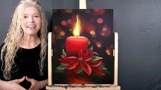 Learn How to Paint with Acrylics CANDLE LIT POINSETTIA - Easy Art Tutorial - Paint and Sip at Home