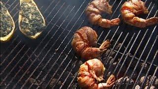 Smoked Squash Rockefeller and Bacon-wrapped Grilled Shrimp | Cooking Up a Story