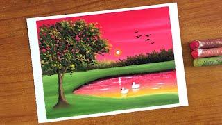 Beautiful Oil pastel Spring Landscape Painting for beginners | Oil Pastel Drawing