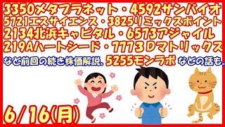 3350メタプラネット・4592サンバイオ・5721エスサイエンス・3825リミックス・2134北浜キャピタル・6573アジャイルなど前回の続き解説。5255モンラボなどの話も(2025/6/16)