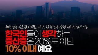 (※시청자댓글) 한국인들이 생각하는 중산층은 20%도 아닌 10%이내예요. 30평짜리 수도권 아파트(부채X), 2000cc 중형차(부채X),