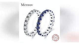 MODIAN Luxury Sparkling Blue Cubic Zirconia Ring 925 Sterling Silver Classic Stackable Fin