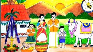 Pongal scenery drawing easy steps |pongal festival scenery Drawing |pongal celebration drawing easy