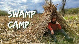 OVERNIGHT CAMP IN A swamp, PRIMITIVE REED SHELTER | ASMR | 4k