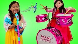 Emma & Wendy Pretend Play with Musical Instrument Toys for Kids & Sing Nursery Rhymes