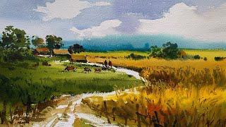 How to Pain Watercolor Landscape Tutorial Village Scenery | Watercolour Demo by Shahanoor Mamun