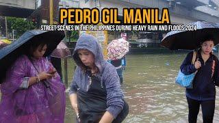 Street Scenes in the PHILIPPINES during heavy rain and floods | PEDRO GIL MANILA | Walking Tour|[4K]