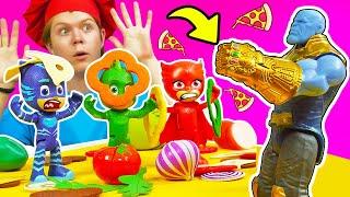 Les Pyjamasques préparent la pizza  Jeux avec jouets pour enfants.