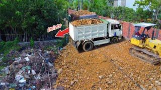 Open Job!! Filling Land by Dump truck 5Ton With Skillful Bulldozer KOMATSU D31-A push soil, mix VDO