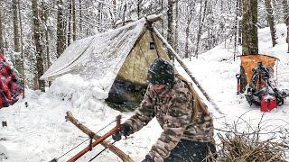 Winter Camping in a Snowstorm Overnight | Build Bushcraft Shelter & Rocket Log | Freezing Cold ASMR