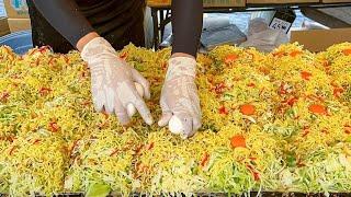 japanese street food - master chef make lot of okonomiyaki at once お好み焼き