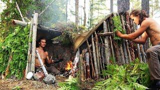 Caught in a Thunderstorm! 3 Days Building a Survival Shelter