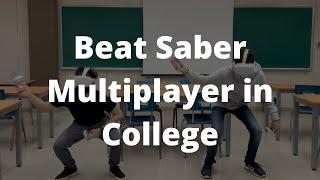 Challenging my friend in Beat Saber in a college classroom