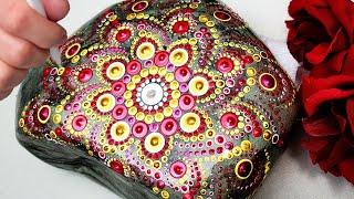 Fast Time-lapse Cuttoff Design "Broken Love" Red and Gold Mandala Rock Painting with Music