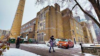 Toronto's first snow and walking on snowy streets.