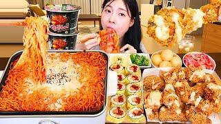 ASMR MUKBANG| Cream Fire Noodles, Crispy Fried Chicken, Spam Kimbap, Cheese ball, Bacon.