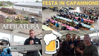 PREPARAZIONE ALLA FESTA IN CAPANNONE CON I COLLABORATORI E SPIEGAZIONE AFFILATURA MOTOSEGA